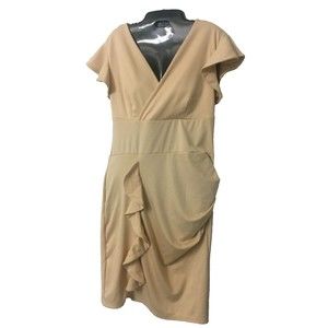 Womens Stretch Knit Dress Size Medium Prom Easter Beige Asymmetrical Ruffle D6
